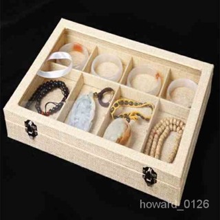 佛牌收納盒 佛牌架 飾品盒 展示盒 帶玻璃蓋麻佈竹子珠寶箱首飾品手鐲文玩佛珠手串鏈收納整理儲物盒 KT1S