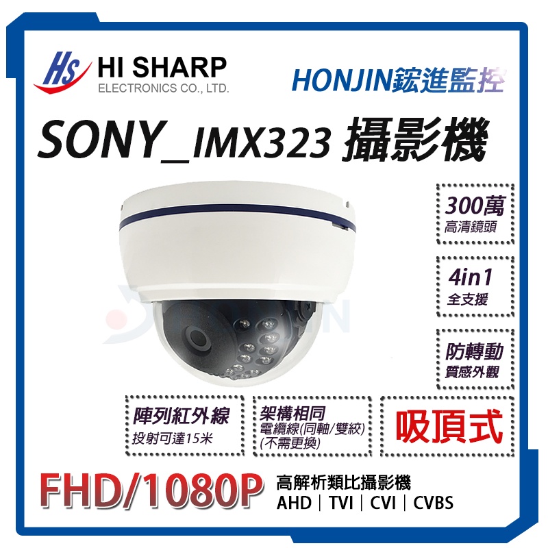 昇銳電子 4in1 1080P SONY323晶片 監控型攝影機 半球型 透明罩 紅外線 日夜兩用 HS-D030AA
