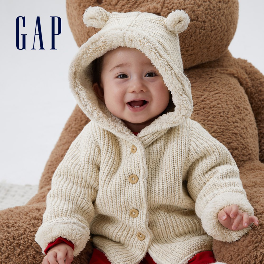 Gap 嬰兒裝 立體熊耳仿羊羔絨鈕釦外套-米色(428052)