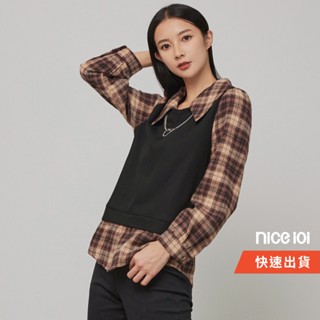 niceioi【特惠】假兩件拼接磨毛格子上衣 長袖上衣 衣服 t恤 女裝