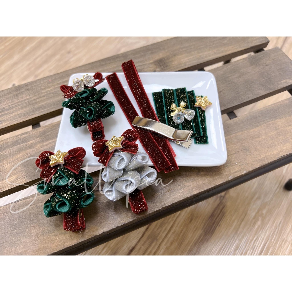 《 DIY蝴蝶結材料/髮飾材料》質感植絨聖誕樹髮夾材料包