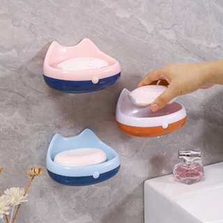 創意居家卡通壁掛式皁盒 貓咪香皂盒 浴室肥皂盒 免打孔置物架吸盤廚房衛生間雙層瀝水肥皂架