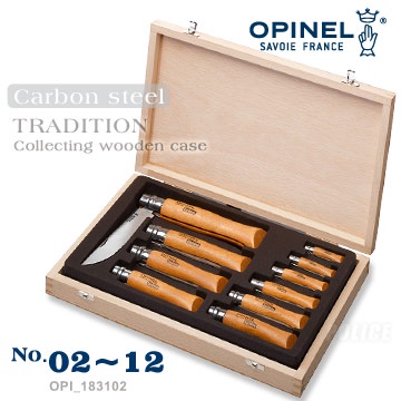 OPINEL 碳鋼折刀/櫸木刀柄 10把木盒收藏組 型號：OPI 183102
