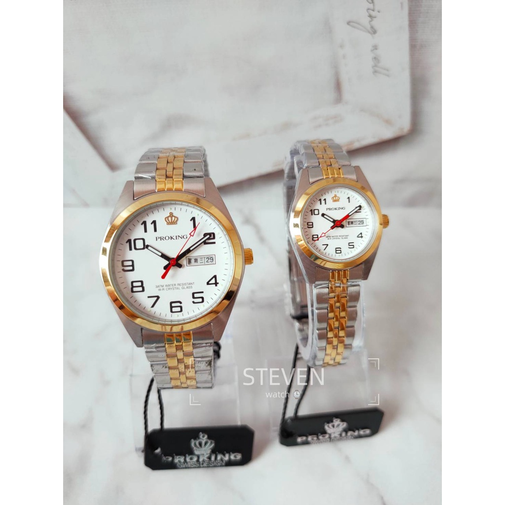 PROKING皇冠手錶 日本機芯 台灣品牌 日期星期 夜光刻度 大數字款 蠔式不鏽鋼錶帶 防水佳 金色 男錶 女錶 對錶