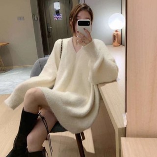 水貂絨毛衣女V領寬鬆中長款刷毛加厚保暖針織衫