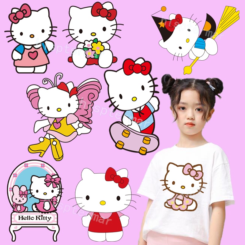 Hello Kitty 熨燙貼片女孩衣服 DIY 裝飾可愛貓咪 T 恤貼花卡通熱轉印貼紙聖誕禮物
