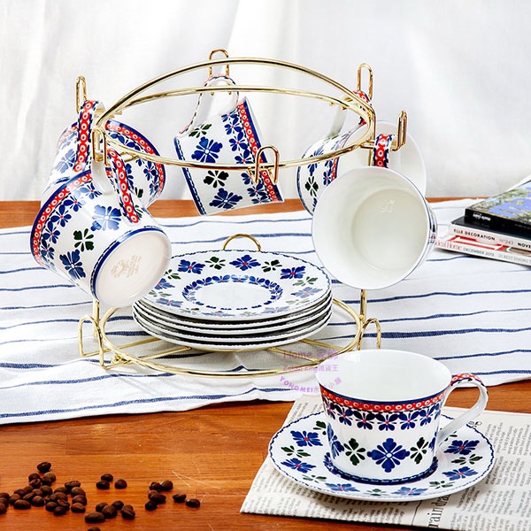 (永美小舖) 咖啡杯 6杯6盤組-附杯架 花茶杯 骨瓷杯 古典藍 私人收藏 咖啡廳下午茶
