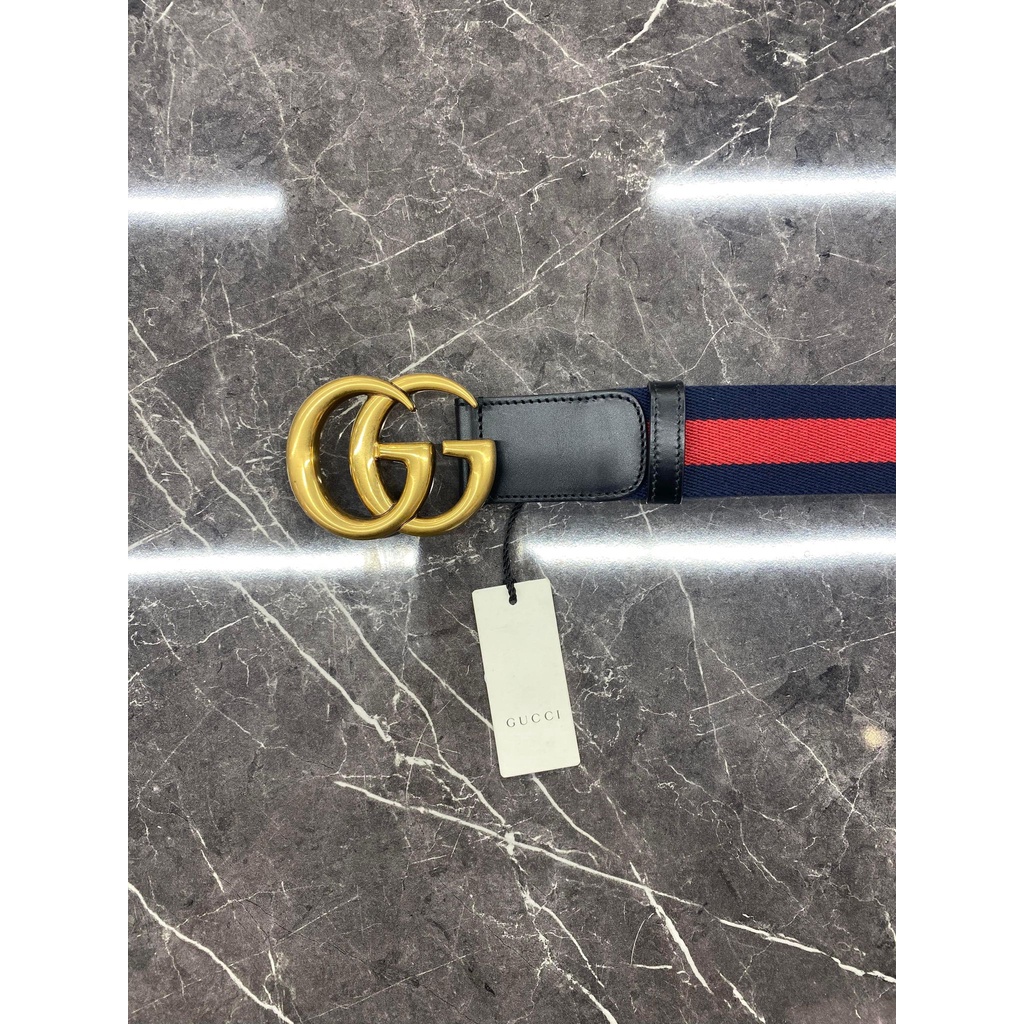 高雄凡賽斯歐洲精品 GUCCI 古馳 設計款 帆布藍紅帶身 復古金頭 皮帶/腰帶