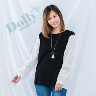 台灣現貨 大尺碼異材質黑拚白緹花袖上衣-Dolly多莉大碼專賣