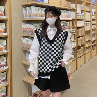 Cozy . 【最後現貨特價】寬鬆棋盤格紋外搭針織背心