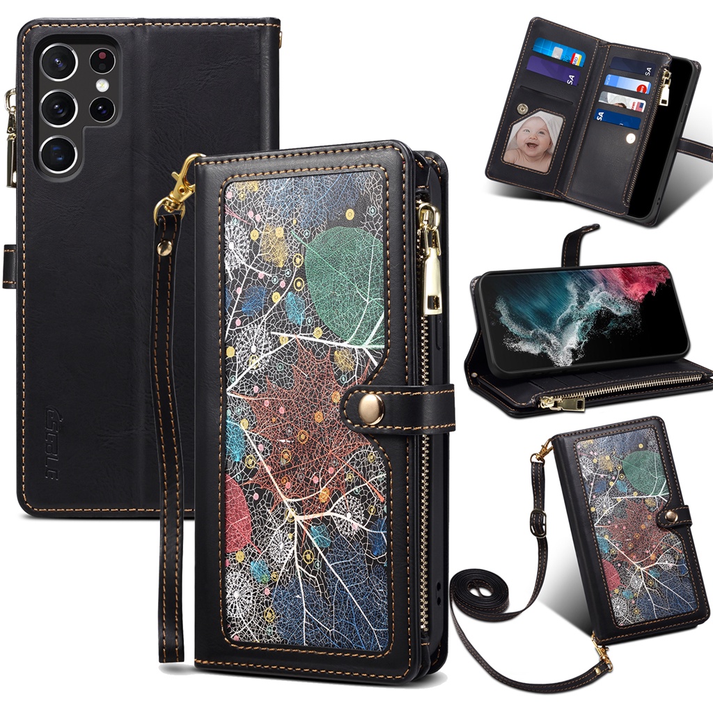 SAMSUNG 三星 Galaxy S24 Ultra S24+ 錢包卡槽手機套花卉圖案皮革翻蓋保護套帶免費繩索