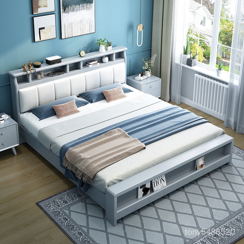 北歐實木床1.8米雙人主臥傢具現代簡約原木床1.5米單人床實木直銷 高腳床 鐵床架 雙層床 上下床 儲物多功能床架 Q1