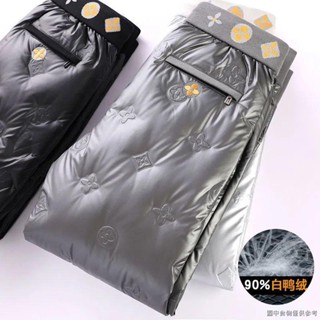 （白鴨絨羽絨褲）（冬季必備加絨褲可外穿）羽絨褲男女衕款冬季加厚白鴨絨壓膠亮麵青年戶外防水休閒羽絨褲