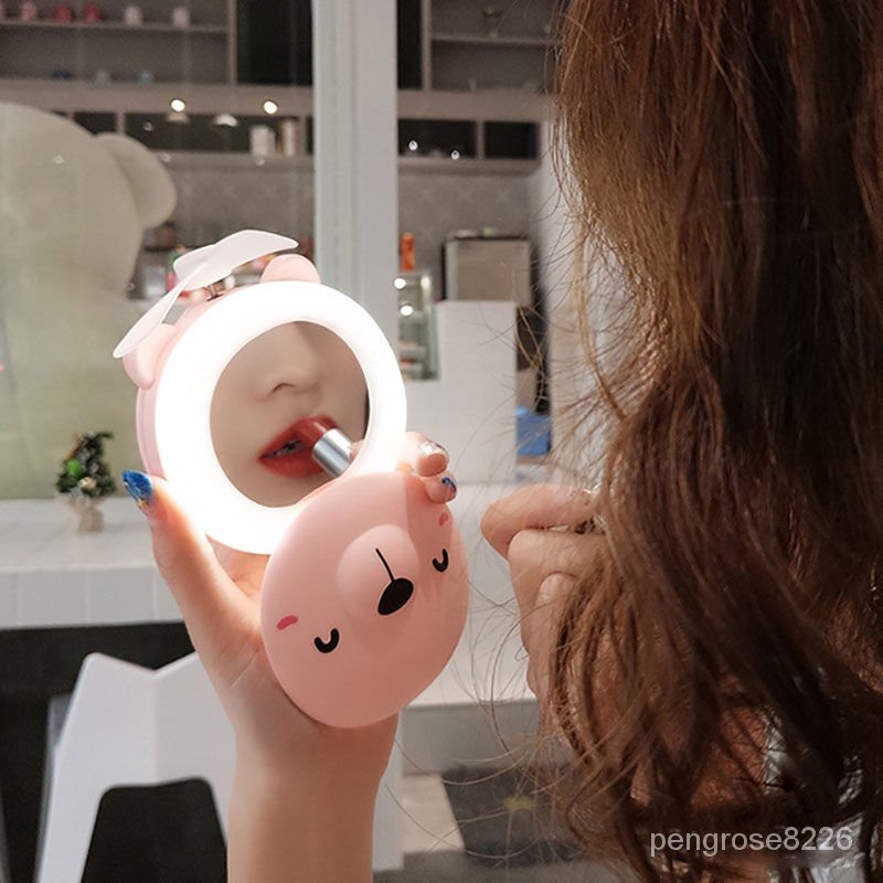 【優選精品】抖音衕款小豬化妝鏡USB小風扇帶化妝鏡LED補光燈美妝便攜可充電ins日韓風 3ONF