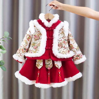 龍年漢服拜年服女童冬季刷毛套裝兒童中國風古著唐裝過年衣服寶寶