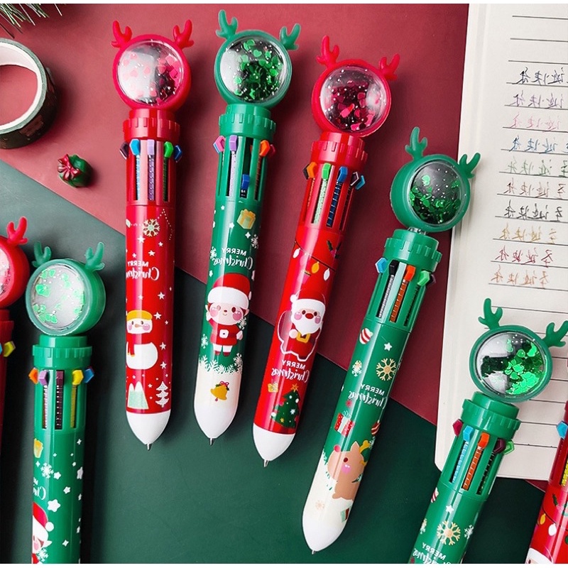 自動原子筆 聖誕10色圓珠筆 聖誕禮物 學生按壓式彩色筆 十色原字筆 0.5mm 十色原子筆 多色原子筆 10色自動筆