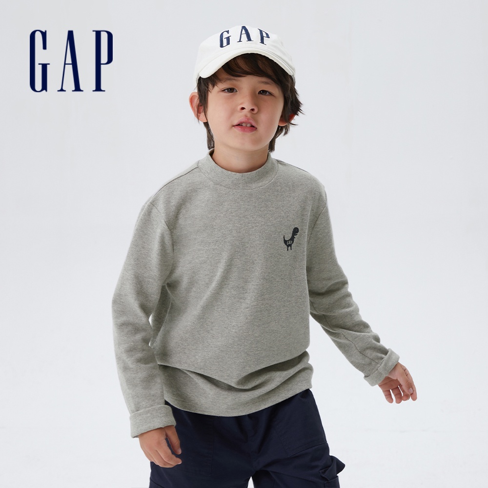 Gap 兒童裝 Logo半高領保暖印花長袖T恤-淺灰色(451367)