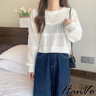 【hanvo】橫條縮口燈籠袖簍空針織上衣 韓系百搭透視造型針織上衣 韓國韓系女裝 女生衣著 a02-1834