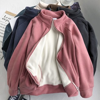 L-4XL 大尺碼外套 刷毛立領外套 大碼女裝 冬季立領衛衣女 鬆加絨加厚運動休閑 開衫外套