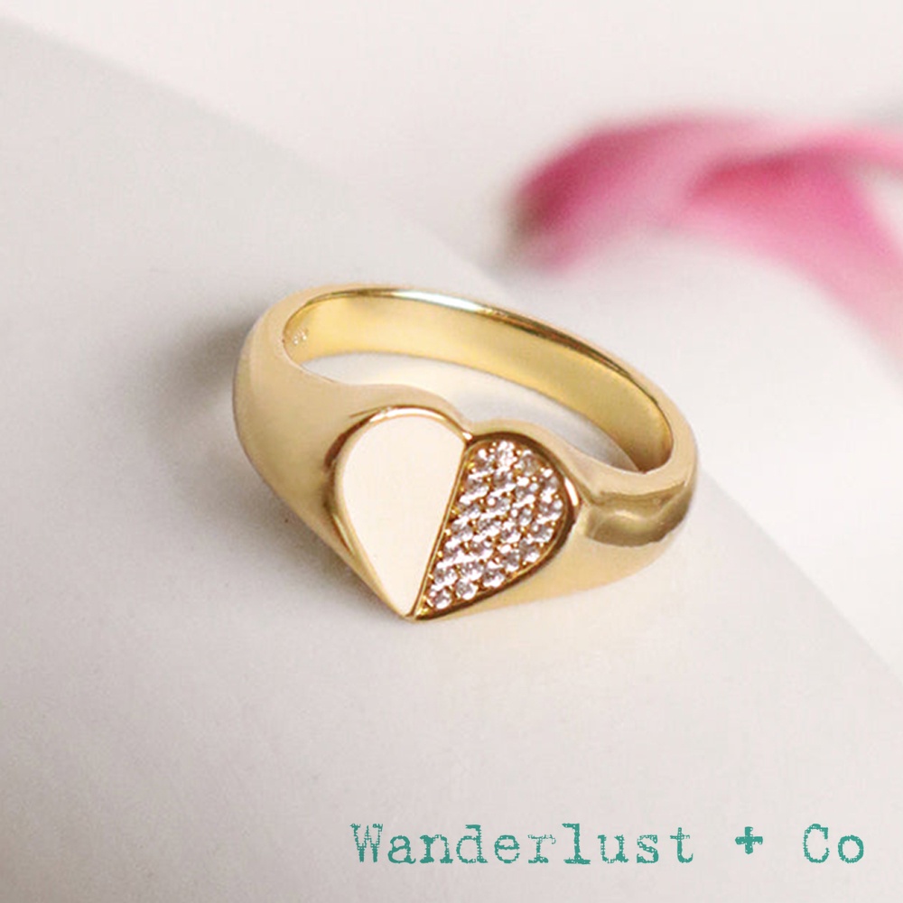Wanderlust+Co 澳洲品牌 鑲鑽愛心戒指 金色X白色 Unfold Heart Signet
