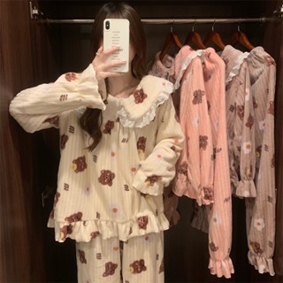 臺灣現貨 冬季 珊瑚絨 睡衣套裝 花邊領 可愛圖案 均碼 寬鬆 女士 保暖 韓版 法蘭絨 家居服 睡衣套裝 居家服 休閒