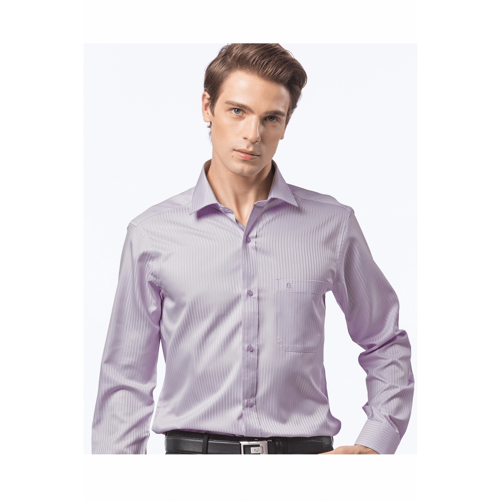 【羅德貝爾】淡紫色雙直紋緹花長袖修身襯衫 / 抗皺 吸濕排汗