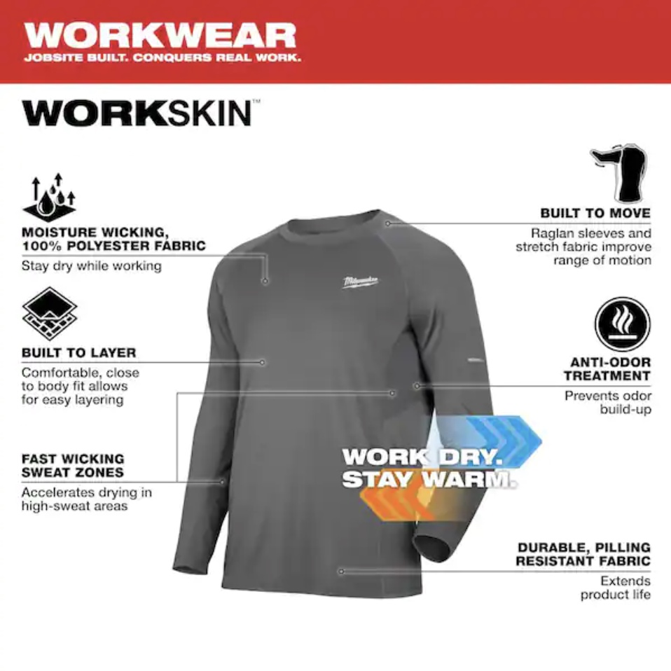 米沃奇吸濕排汗保暖性能長袖T恤 舒適保暖工作服 發熱內衣