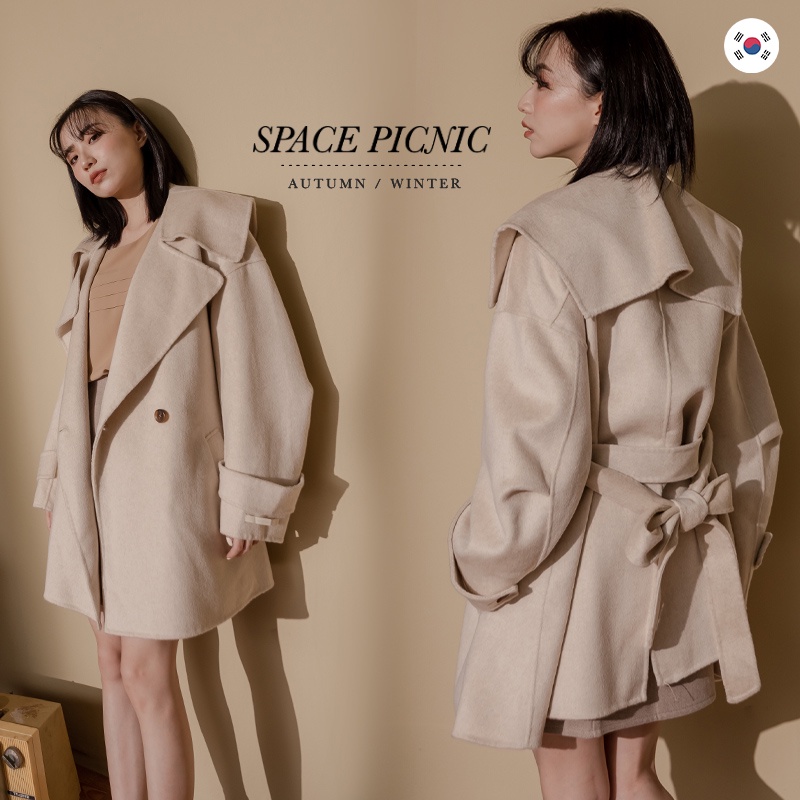 [明天出貨] Space Picnic｜正韓-大翻領羊毛絨斗篷大衣-1色(現貨)【K22104023】