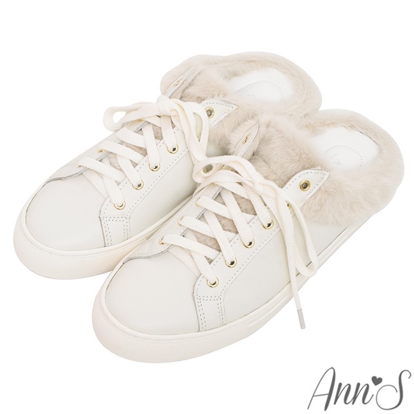 Ann’S時尚版型-頂級牛皮柔軟仿兔毛穆勒小白鞋-米