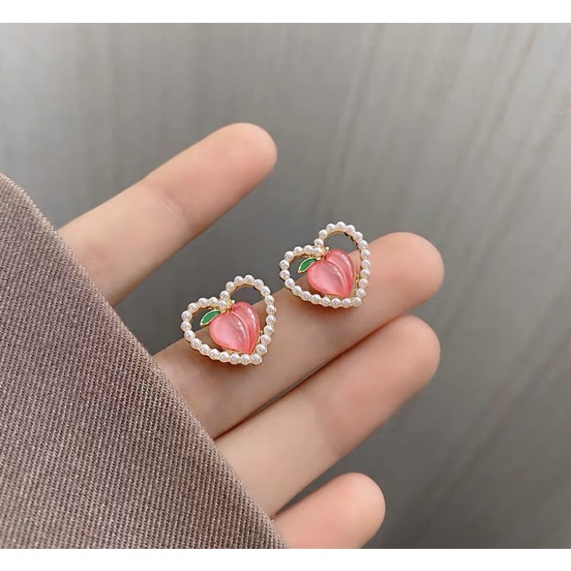 ♡現貨超可愛♡S925銀珍珠粉色水蜜桃耳環♡🍑