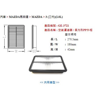 油朋友 飛鹿 CX5 2.0 13- MAZDA3 MAZDA6 馬自達 空氣芯 空氣濾網 空氣濾芯 GE-3721