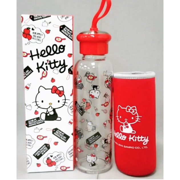 ღTammy泰咪ღ台灣全新現貨 正版 三麗鷗 Kitty附布套玻璃水壺-紅 凱蒂貓 500ml 攜帶式水壺 附提袋