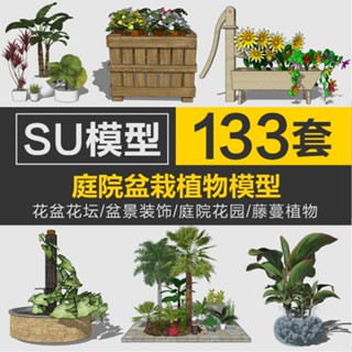 Sketchup模型 |綠色庭院植物草叢墻藤蔓花園花盆花壇花卉SU模型室外裝飾盆栽盆景