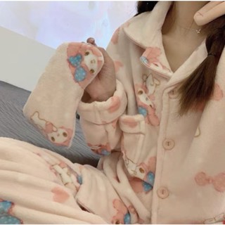 日系HELLOKITTY凱蒂貓睡衣 秋冬季長袖加厚珊瑚絨 法蘭絨毛家居服 套裝 送眼罩