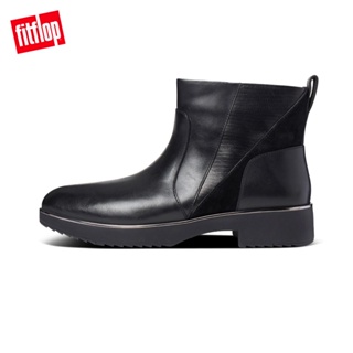 【FitFlop】SALMA LIZARD-EMBOSSED ANKLE BOOTS 異材質拼接裸靴-女(靚黑色)