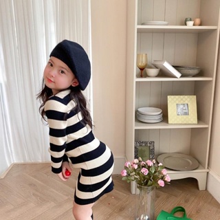 ❤熱銷推薦!  兒童洋裝2022秋季新款韓版女童坑條套頭緊身條紋寶寶洋裝潮 女寶長袖連衣裙