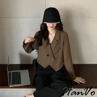 【HanVo】尖尖下擺短版西裝外套 日常個性時髦百搭顯瘦修身 韓系韓國女裝 女生衣著 1842