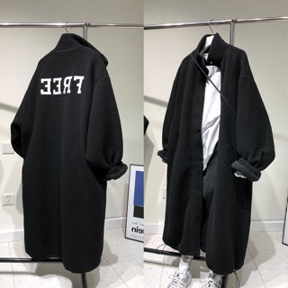 【限時免運】特大碼150公斤胖mm過膝仿羊羔毛毛外套立領後背刺繡字母加絨大衣冬 大尺碼女裝 百搭女裝 寬鬆 慵懶