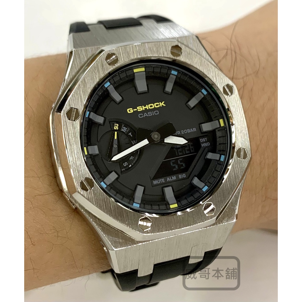 【威哥本舖】G-Shock 全新鋼殼膠帶改裝實品 GA-2100改裝 GA-2100FR-3A 已改含錶（銀殼黑膠帶）