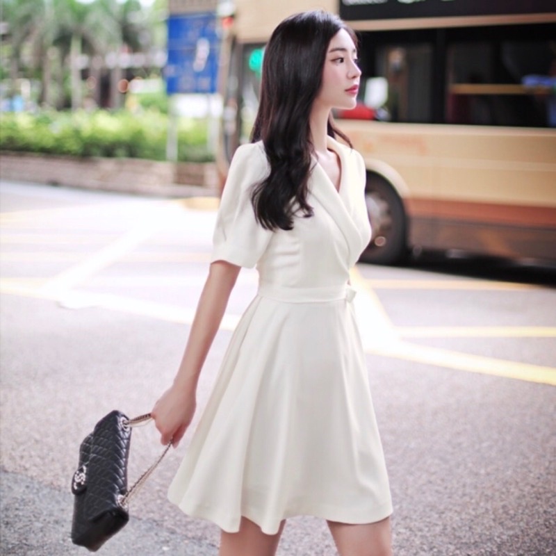 現貨韓國氣質收腰白色洋裝 婚禮洋裝 小禮服 正式洋裝 L號