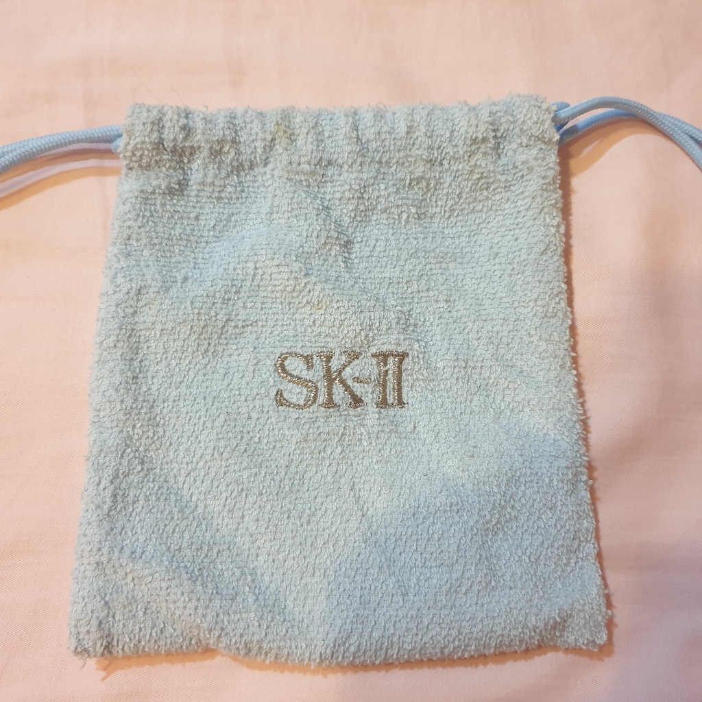 銀色刺繡 SK-II LOGO 藍色 毛巾布 束口袋, 素面 (8成新，已清洗)