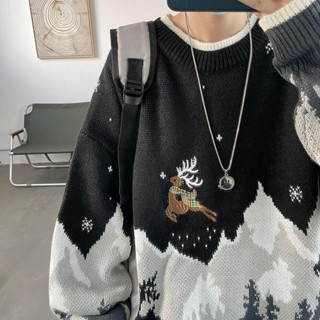 【聖誕熱賣毛衣】聖誕節麋鹿圖案美式復古高街毛衣男秋冬季加厚百搭網紅針織衫外套