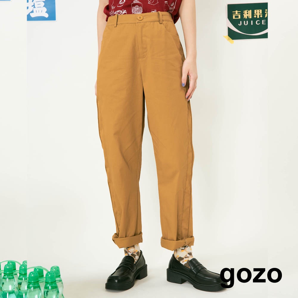 【gozo】側邊條設計彈性長褲(咖啡/深紅_S/M/L)｜女裝 顯瘦 休閒