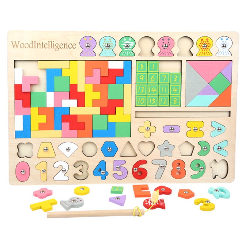 木質多功能兒童益智玩具 數字形狀釣魚玩具 算數積木 早教益智力玩具 開發拼圖