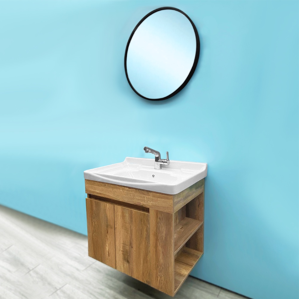 70CM木紋開放式浴櫃組+60CM鋁框圓鏡+伸縮抽拉式龍頭
