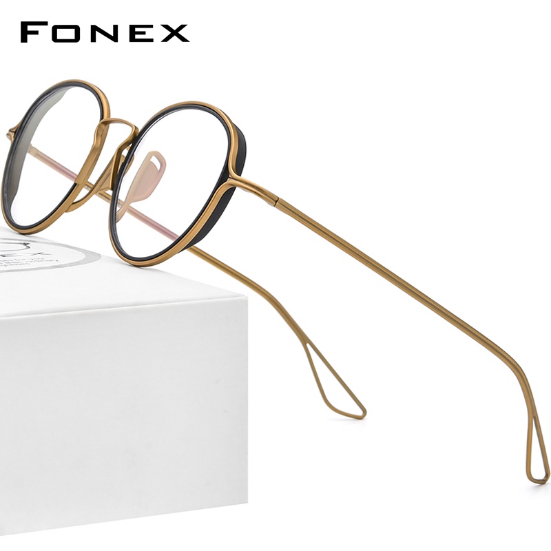 Fonex 鈦金屬眼鏡框男士復古圓形眼鏡女士光學眼鏡帶鈦合金戒指 F85688