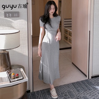 韓版女士休閒洋裝棉質彈力針織素色長洋裝圓領短袖A字洋裝