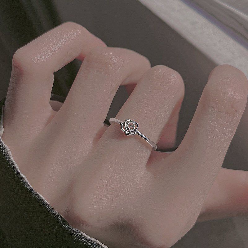交換禮物-新款925純銀玫瑰花戒指女溫柔氣質食指戒小眾設計感開口戒指