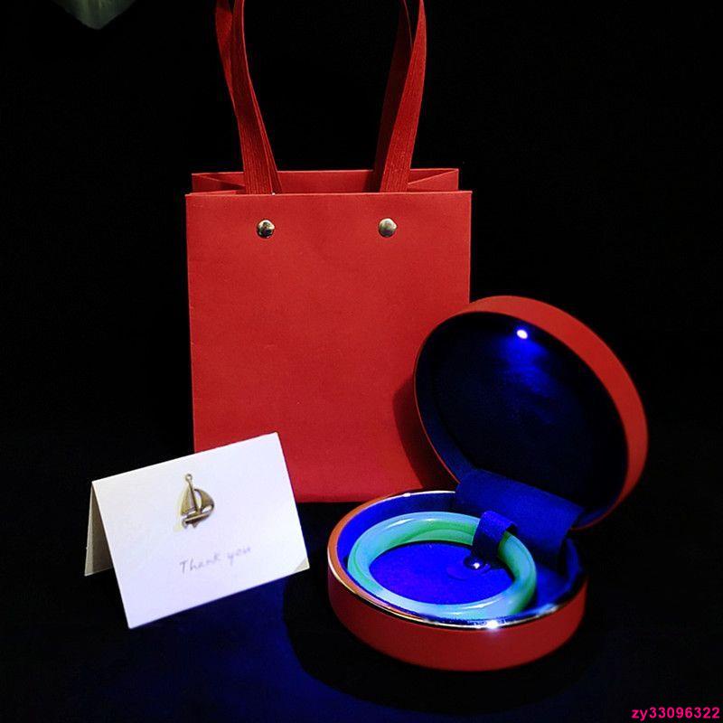 交換禮物-半圓LED帶燈PU皮首飾品盒字輕奢高檔戒指項鏈手鐲翡翠禮物空包裝