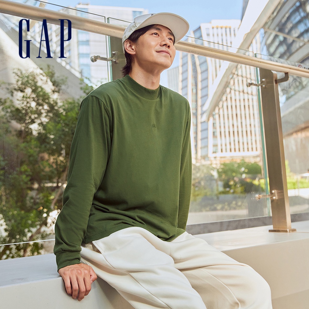 Gap 男裝 Logo長袖T恤 厚磅密織碳素軟磨系列-綠色(451194)